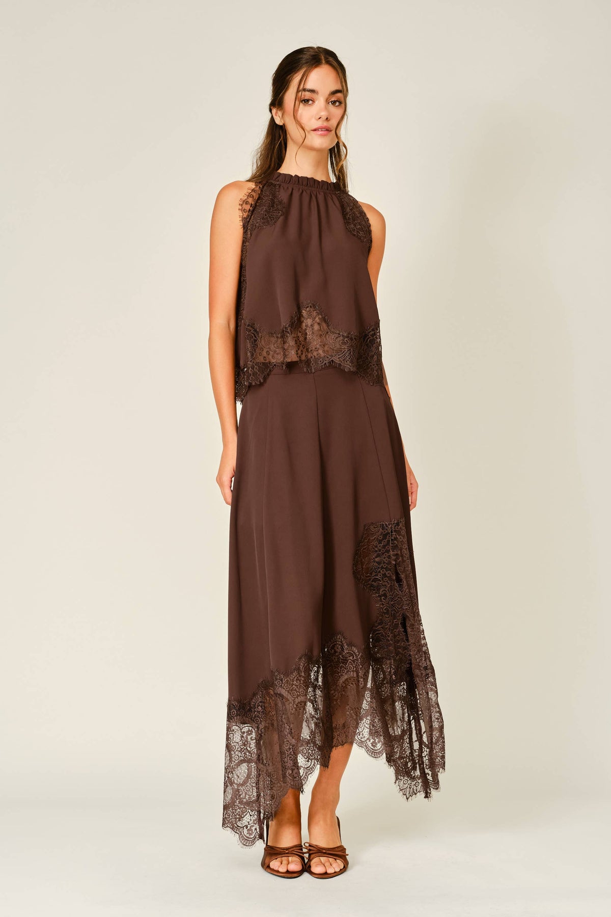 LACE TRIM RUFFLE NECK BLOUSE TOP