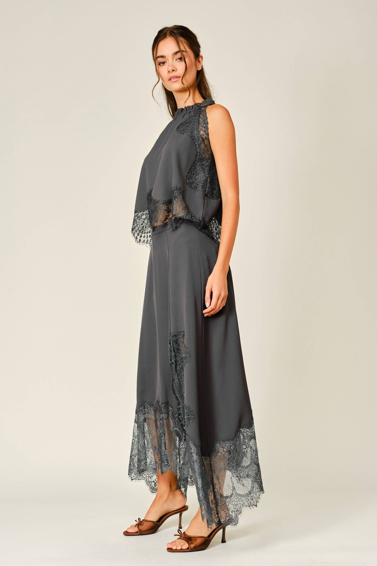 LACE TRIM RUFFLE NECK BLOUSE TOP