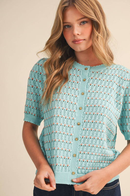 &Merci POINTELLE SHORT PUFF SLEEVE BUTTON DOWN SWEATER MSW11254 - Luxe EQ