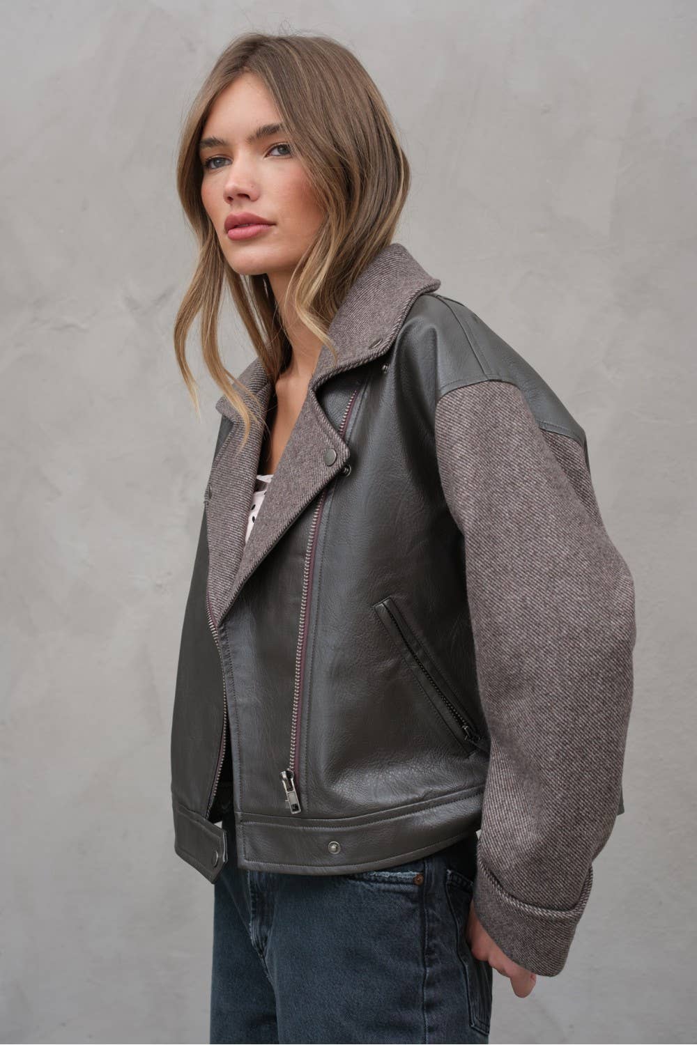 Herringbone Leather Combi Jacket - RJ1017