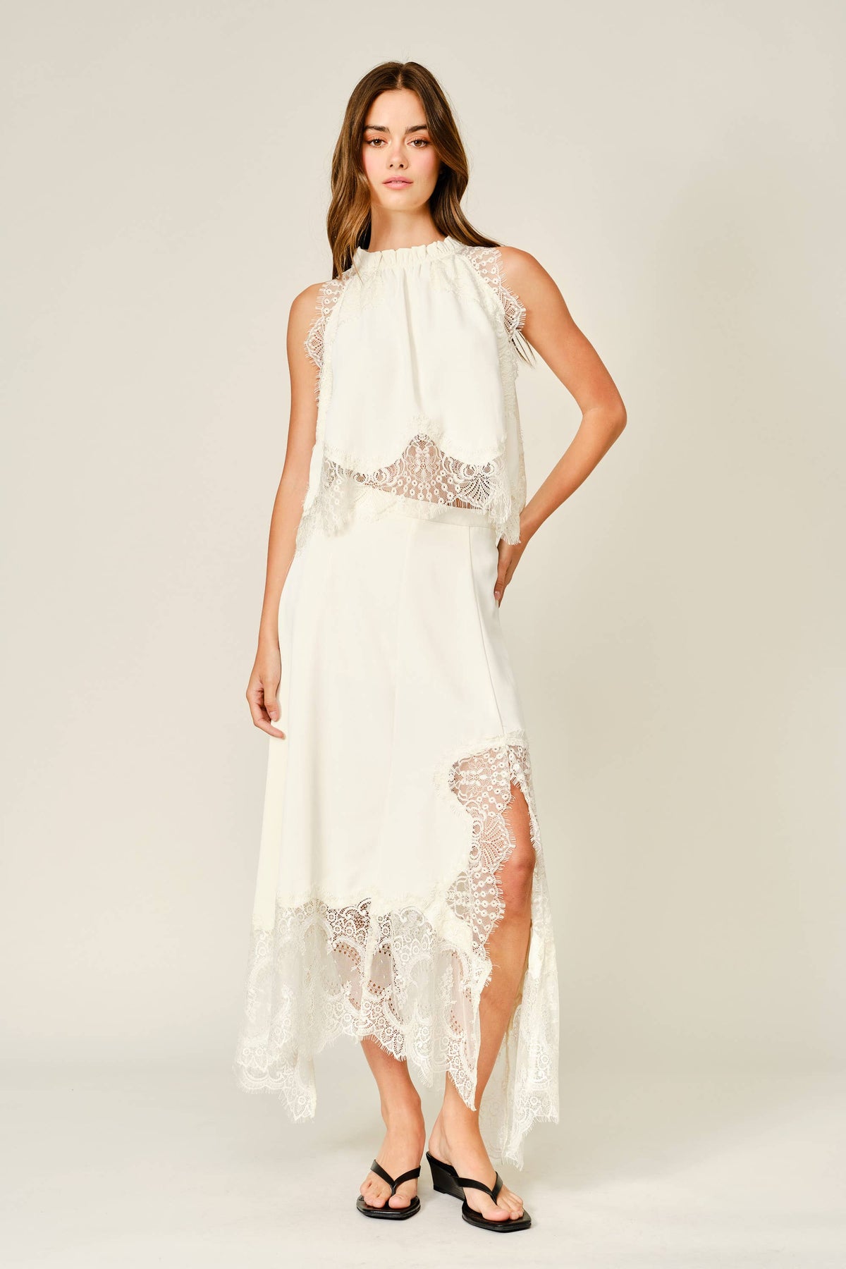 LACE TRIM RUFFLE NECK BLOUSE TOP