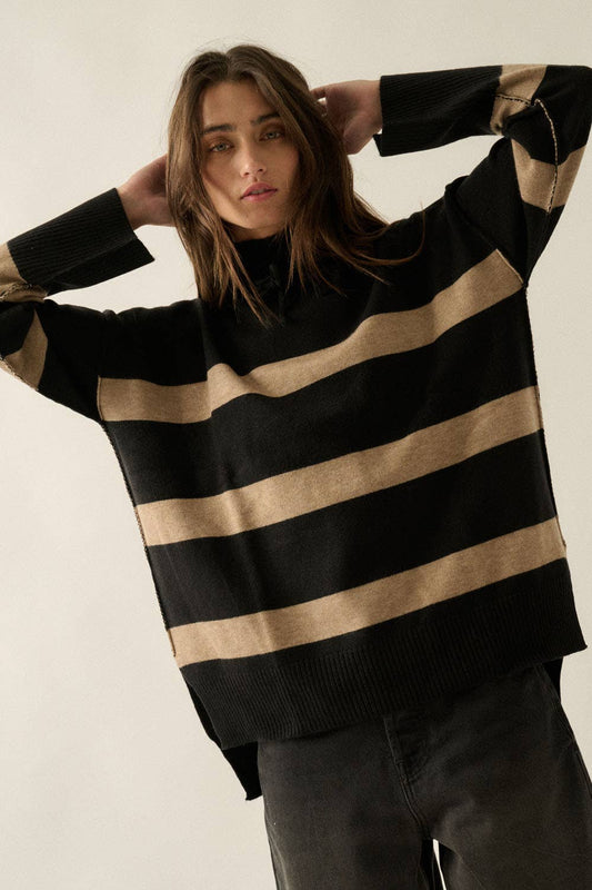 Striped Knit Hooded Mock-Neck High-Low Sweater - Luxe EQ