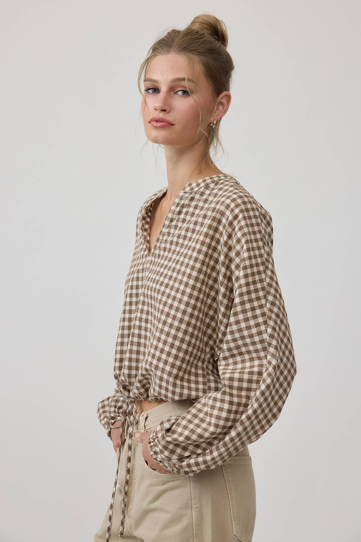 Gingham Check Drawstring Blouse - RT1328