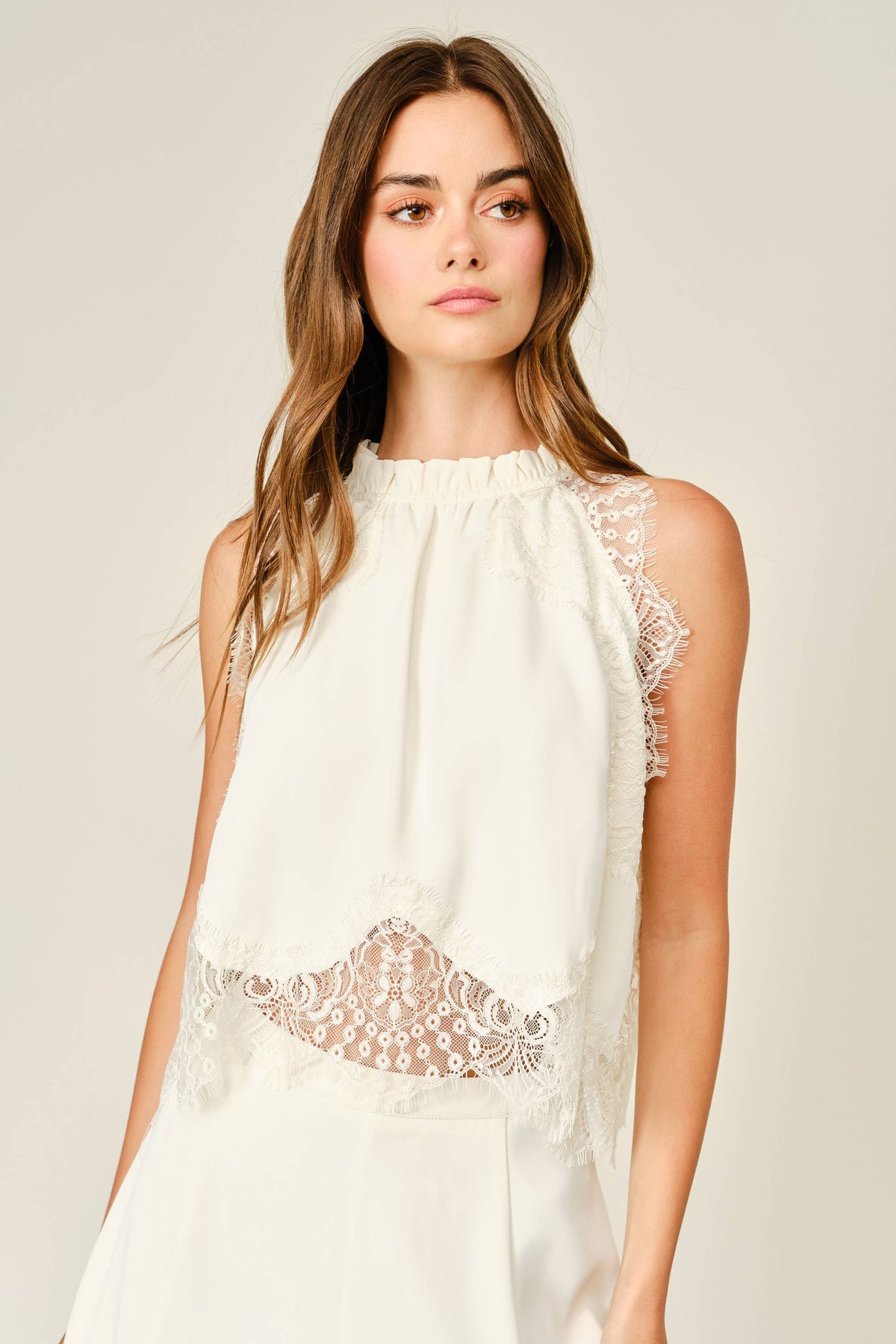 LACE TRIM RUFFLE NECK BLOUSE TOP