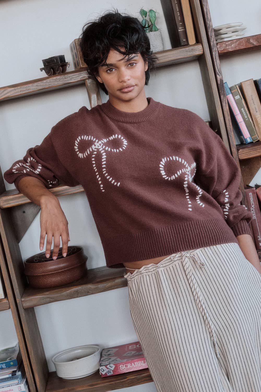 Solid Bow-Embroidered Bubble-Sleeve Sweater