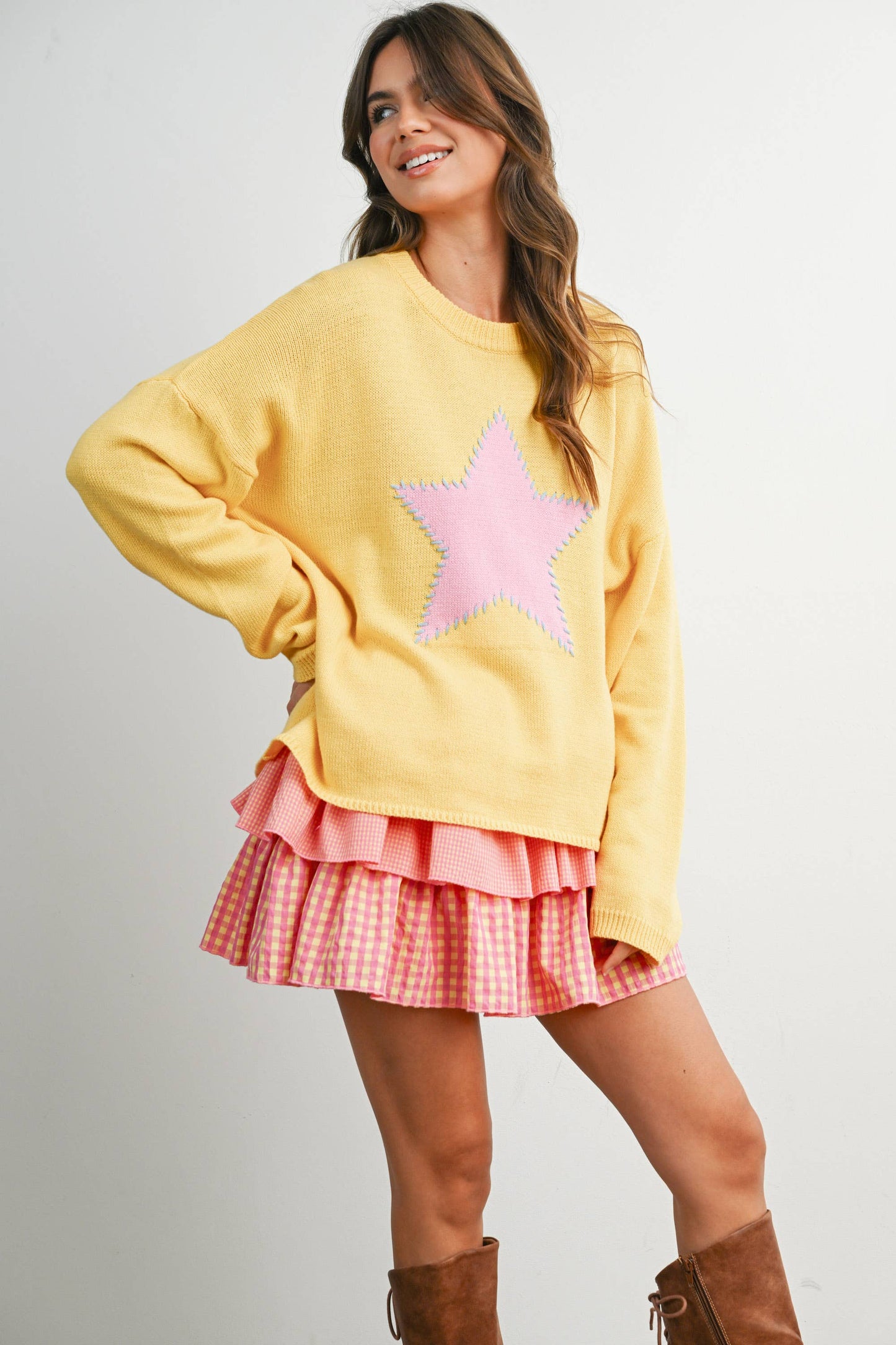 Buttermelon Drop Shoulder Star Pattern Sweater - Luxe EQ