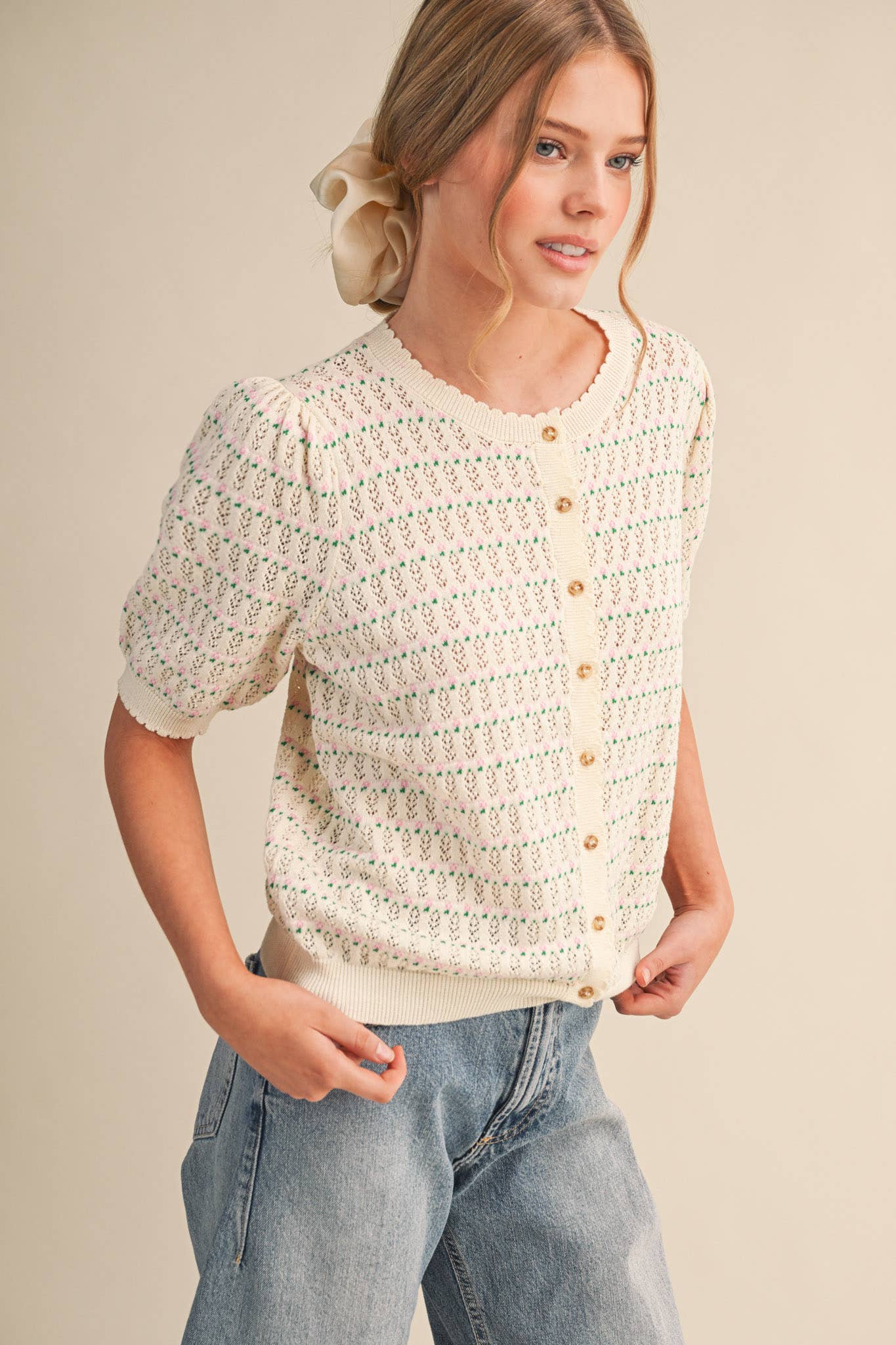 &Merci POINTELLE SHORT PUFF SLEEVE BUTTON DOWN SWEATER MSW11254 - Luxe EQ