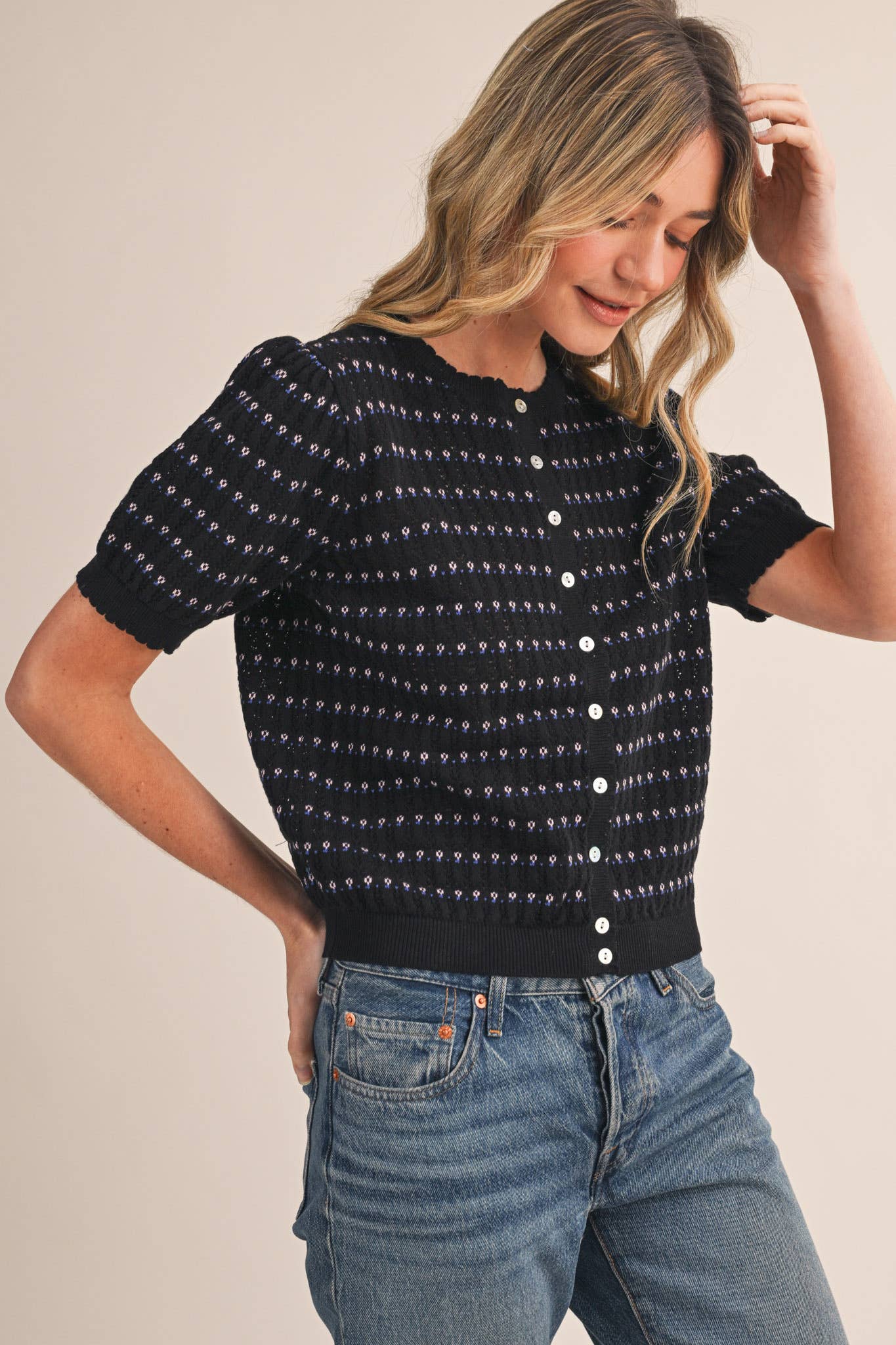 &Merci POINTELLE SHORT PUFF SLEEVE BUTTON DOWN SWEATER MSW11254 - Luxe EQ