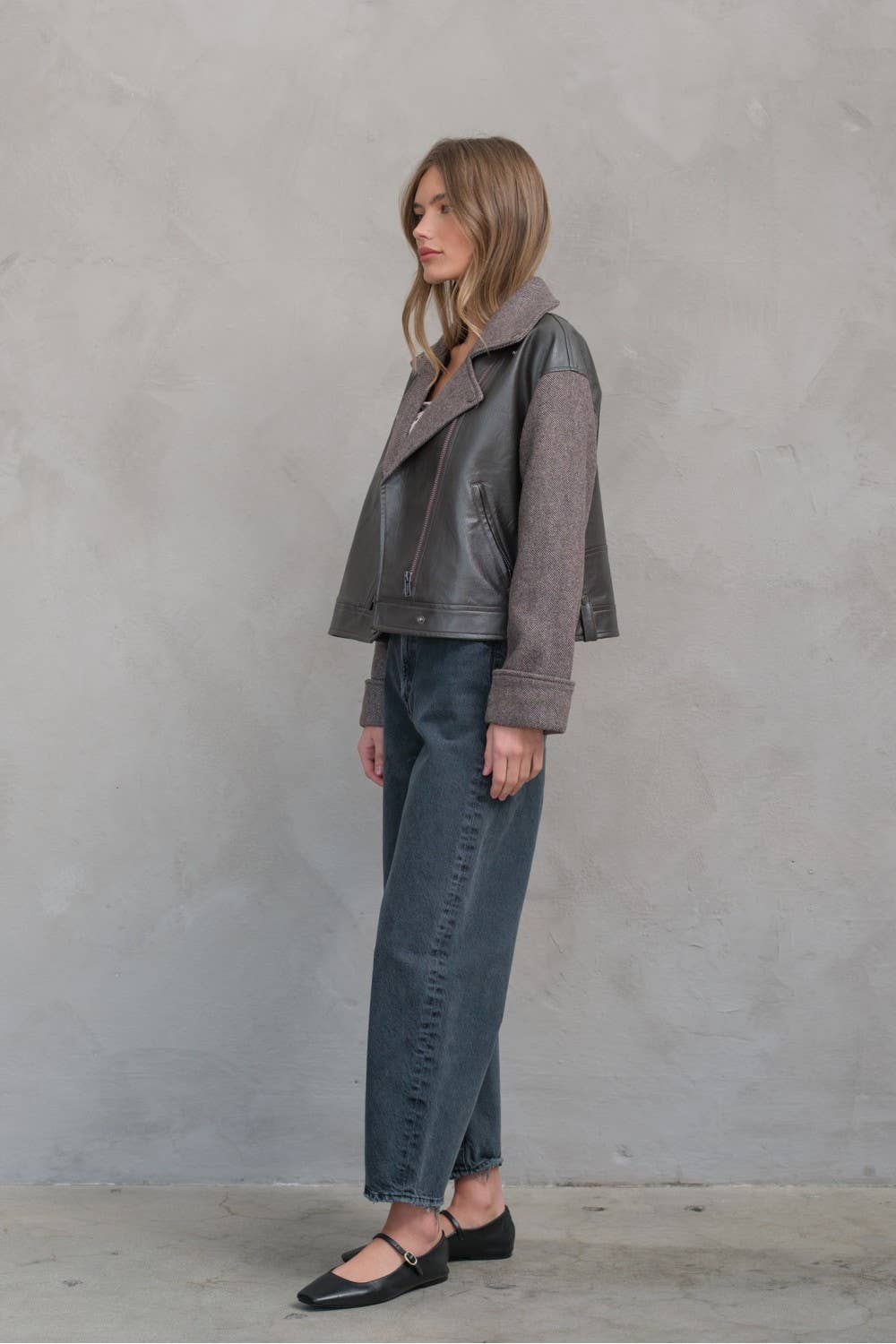 Herringbone Leather Combi Jacket - RJ1017