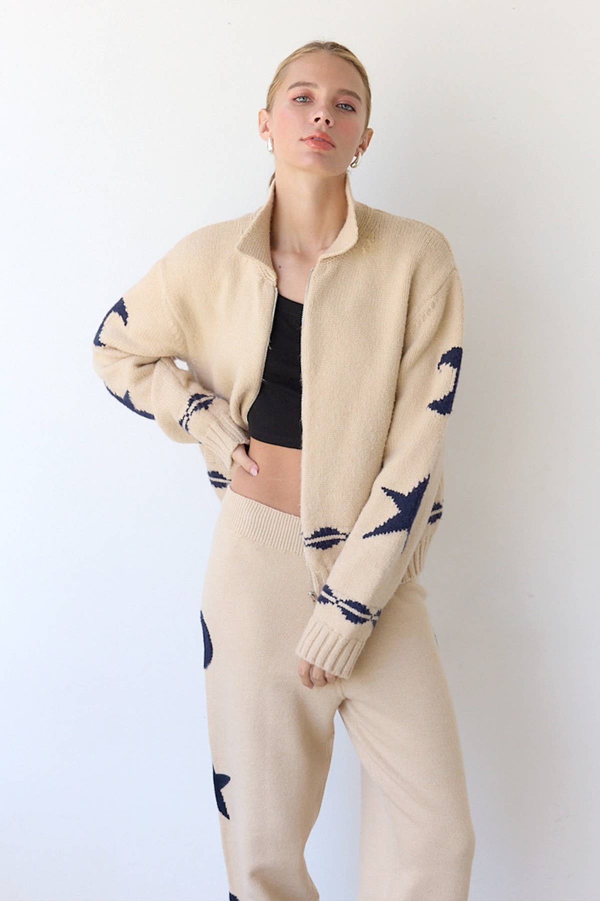 Cozy STAR AND MOON Pattern Zip Sweater Jacket-RSW1001 - Luxe EQ