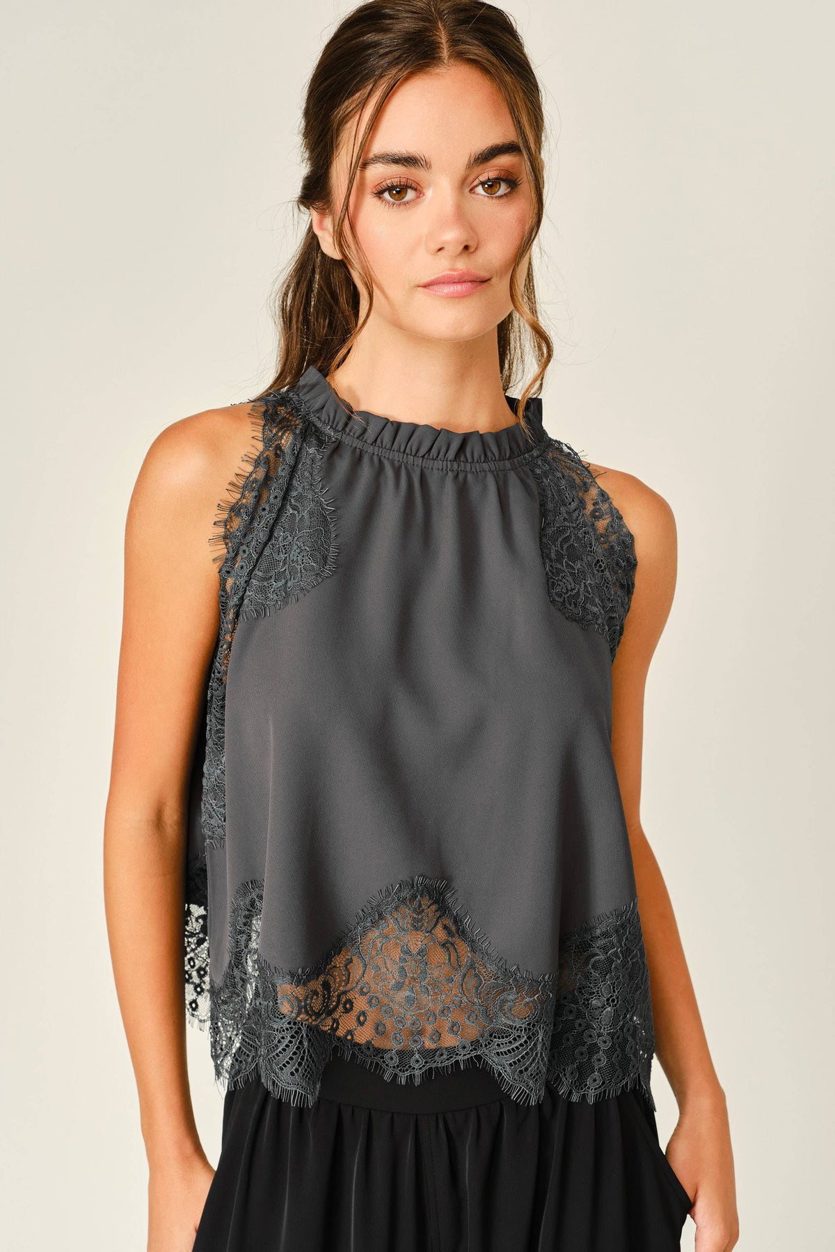 LACE TRIM RUFFLE NECK BLOUSE TOP