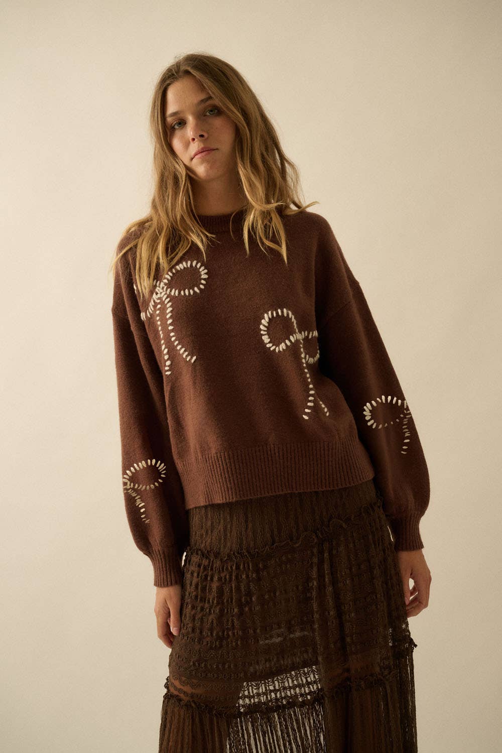 Solid Bow-Embroidered Bubble-Sleeve Sweater