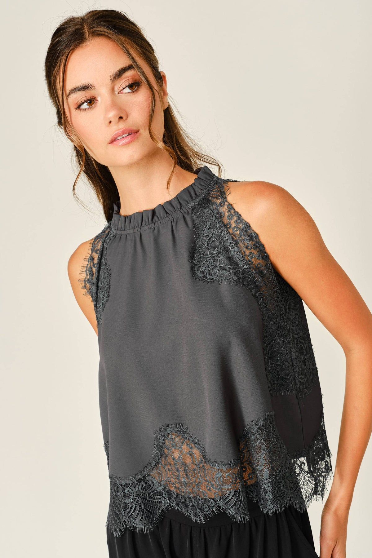 LACE TRIM RUFFLE NECK BLOUSE TOP
