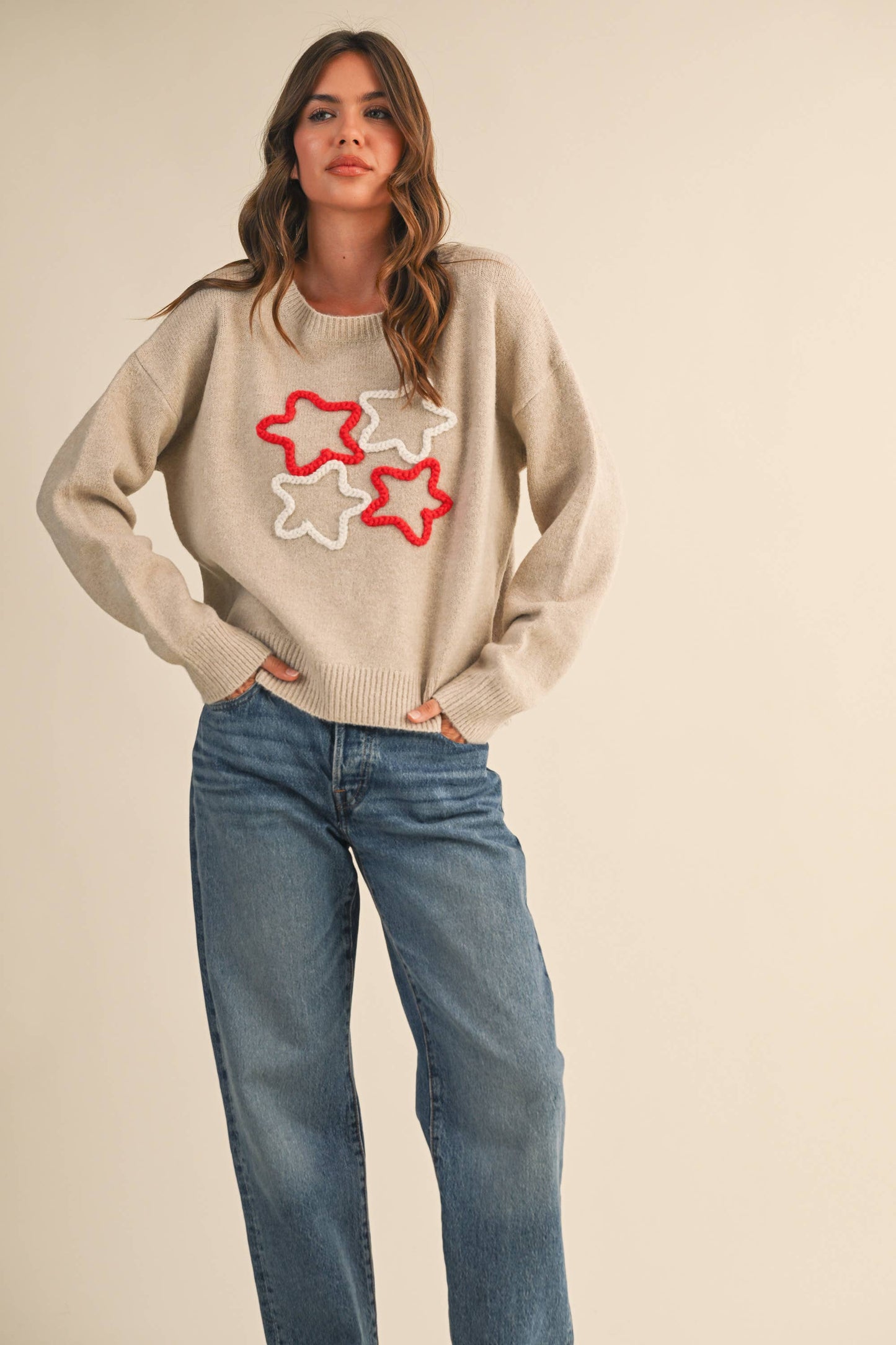 KLESIS STAR EMBROIDERED DETAIL SWEATER TOP