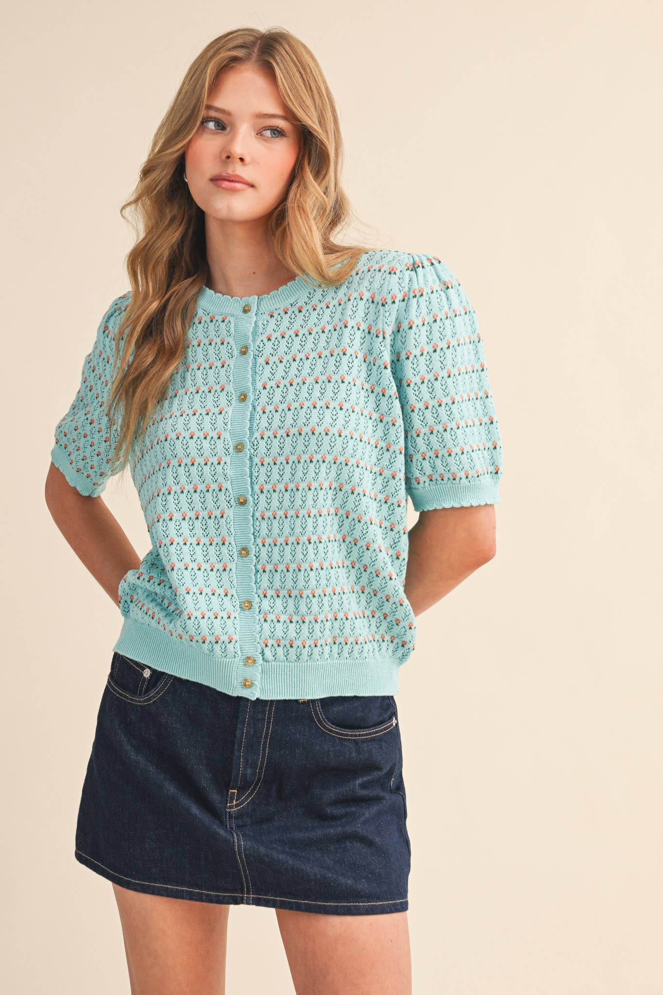 &Merci POINTELLE SHORT PUFF SLEEVE BUTTON DOWN SWEATER MSW11254 - Luxe EQ