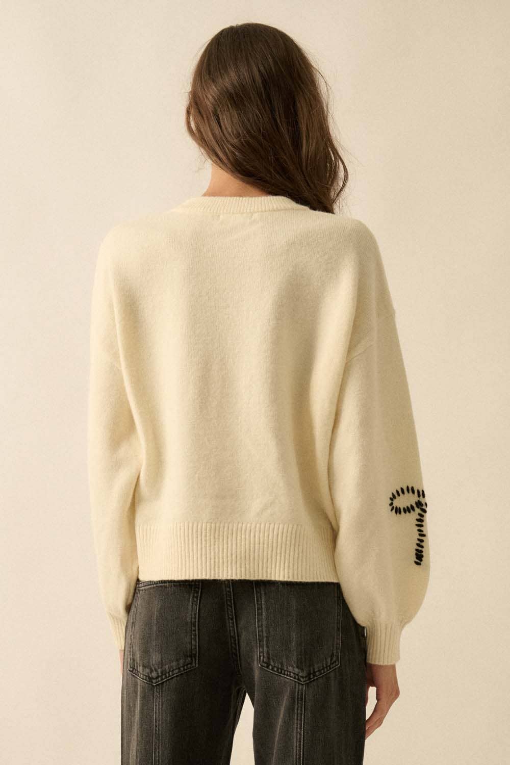 Solid Bow-Embroidered Bubble-Sleeve Sweater