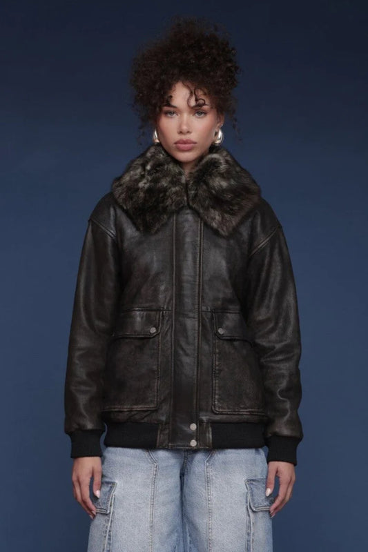 Avec Les Filles Shearling Collared Genuine Leather Coat
