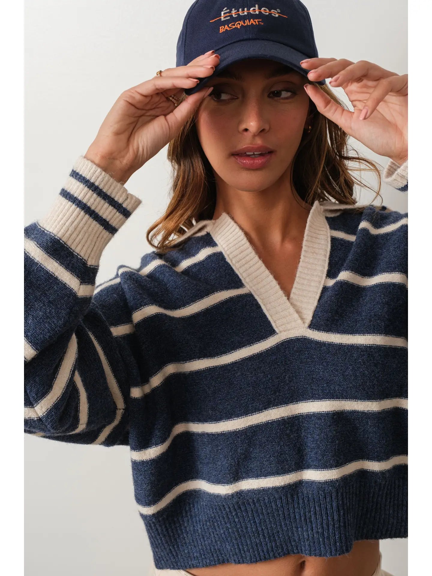 Creamon Striped V Neck Collared Soft Sweater - Luxe EQ