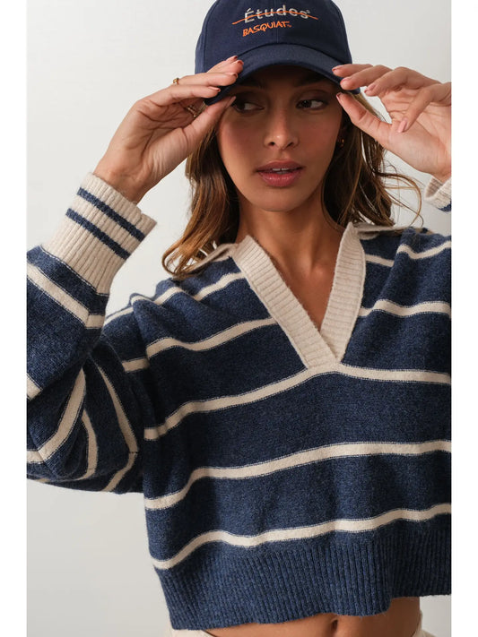Creamon Striped V Neck Collared Soft Sweater - Luxe EQ