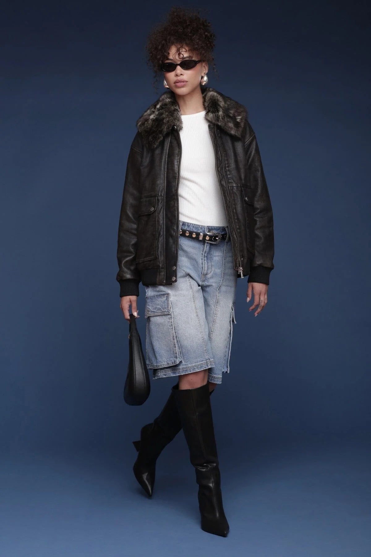 Avec Les Filles Shearling Collared Genuine Leather Coat