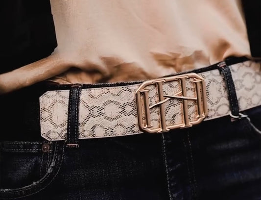 Heureux XII Icon Equestrian Belt - Gold Classic Python Printed Cork w/ Black and Buff Stripe Elastic