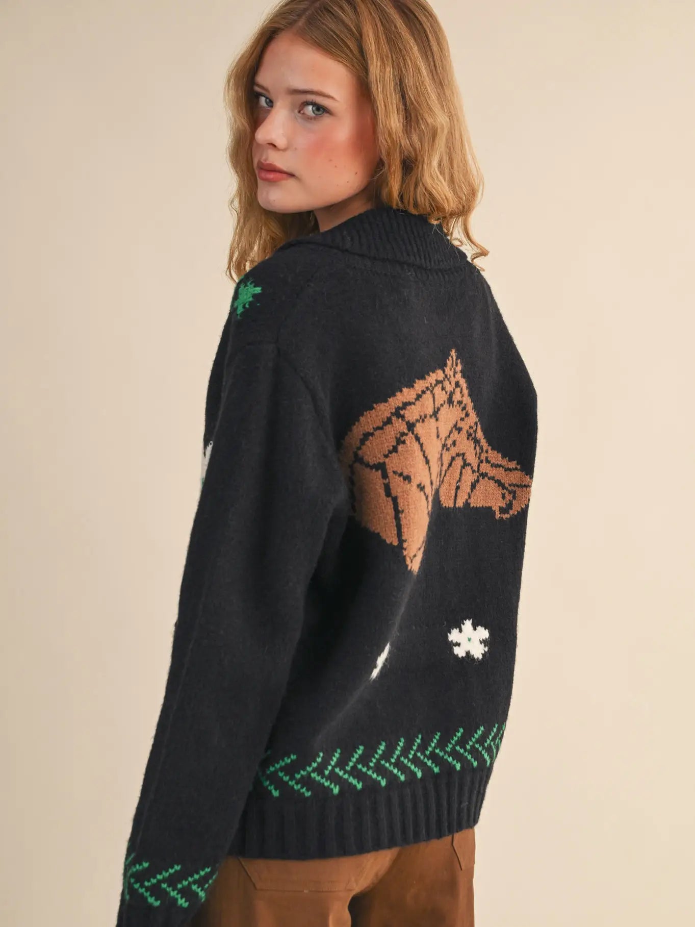 &Merci Horse Knit Motif Zip Up Sweater Cardigan - Luxe EQ