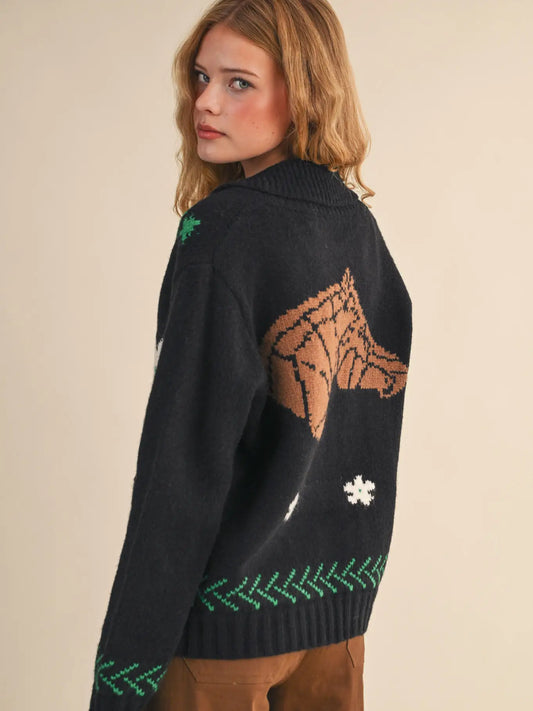 &Merci Horse Knit Motif Zip Up Sweater Cardigan