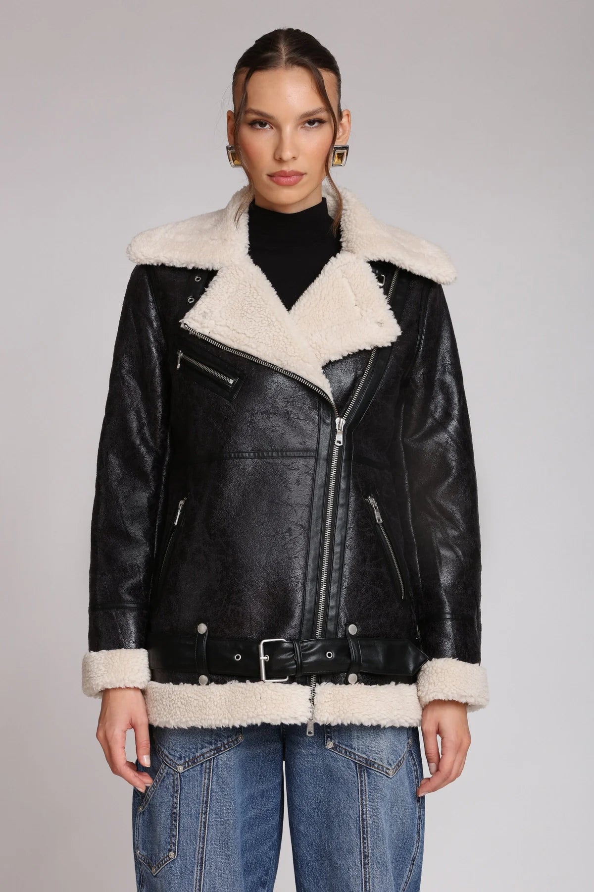 Avec Les Filles Faux Shearling  Biker Coat