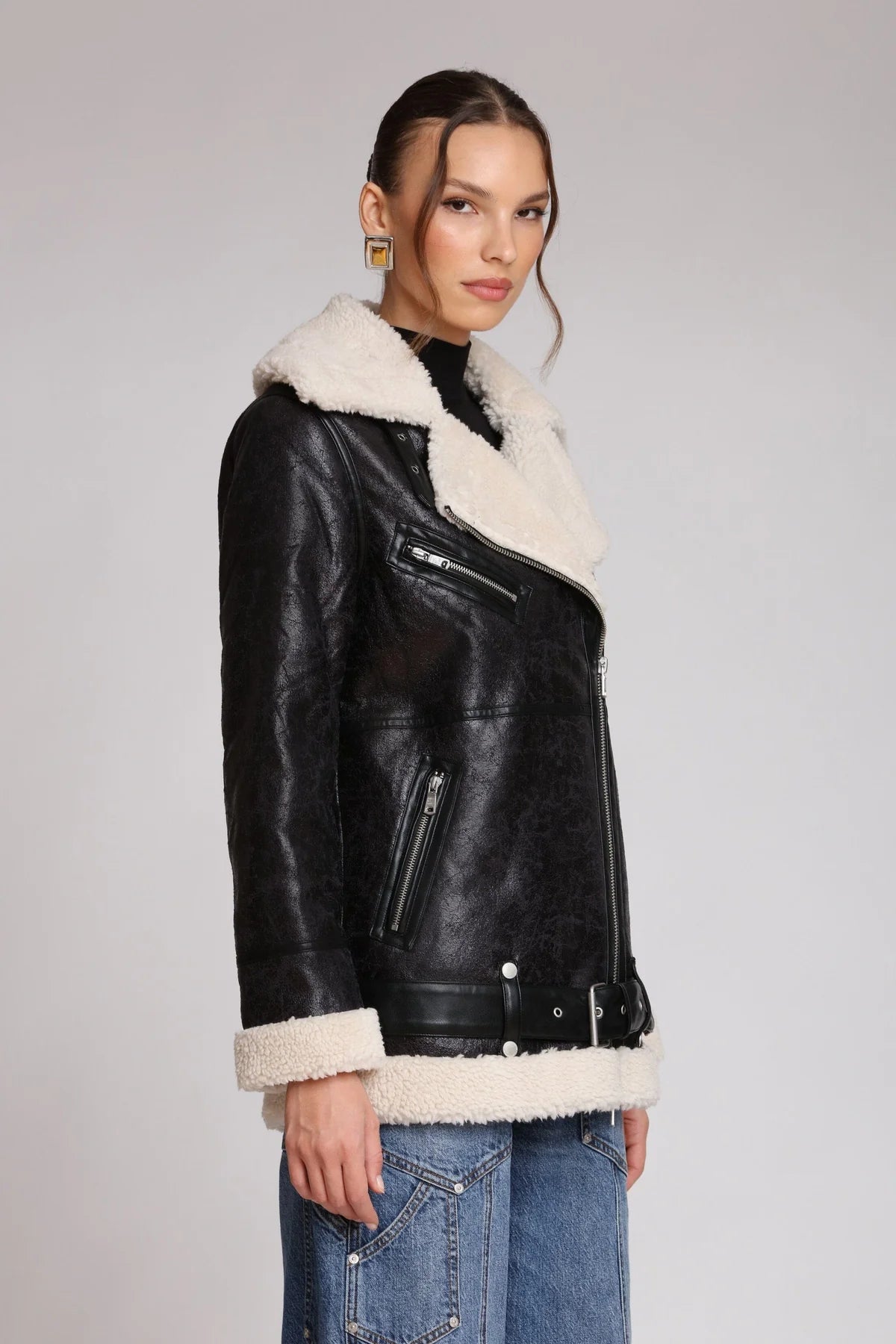 Avec Les Filles Faux Shearling  Biker Coat