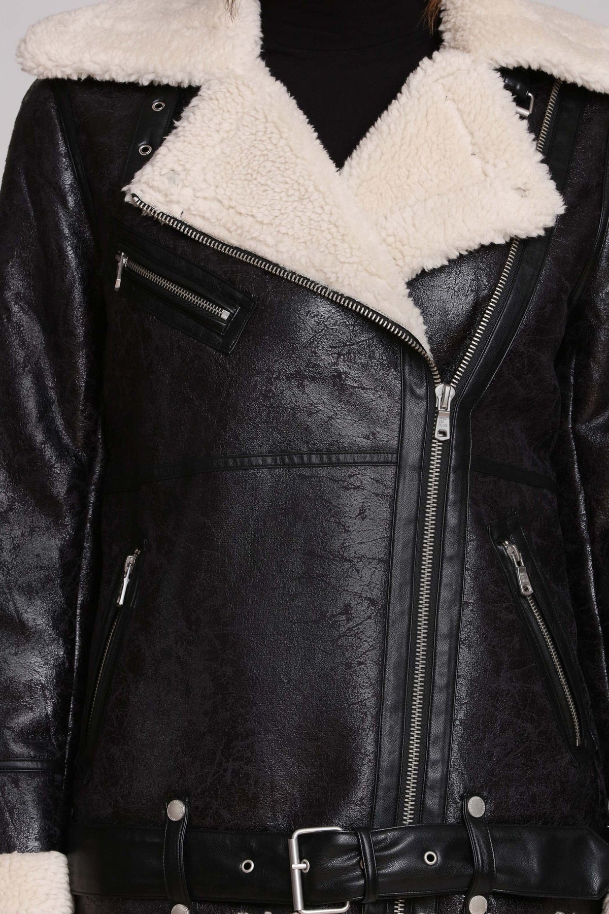 Avec Les Filles Faux Shearling  Biker Coat