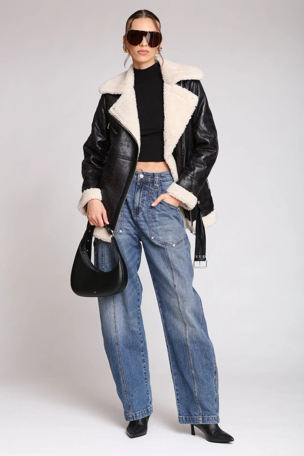 Avec Les Filles Faux Shearling  Biker Coat