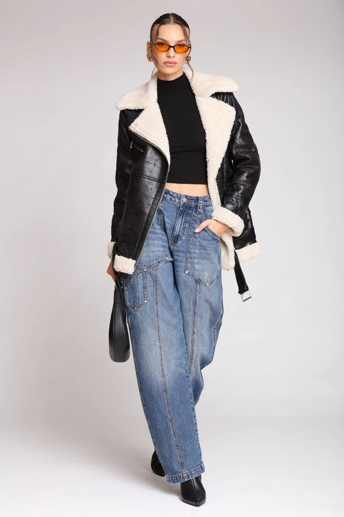 Avec Les Filles Faux Shearling  Biker Coat