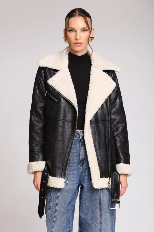 Avec Les Filles Faux Shearling  Biker Coat