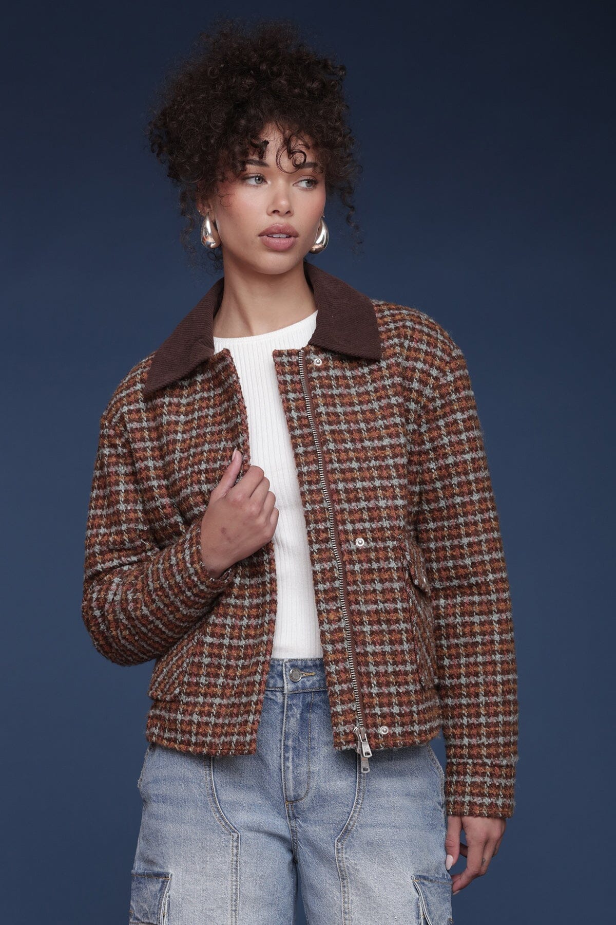 Avec Les Filles Plaid Tweed Bomber Coat