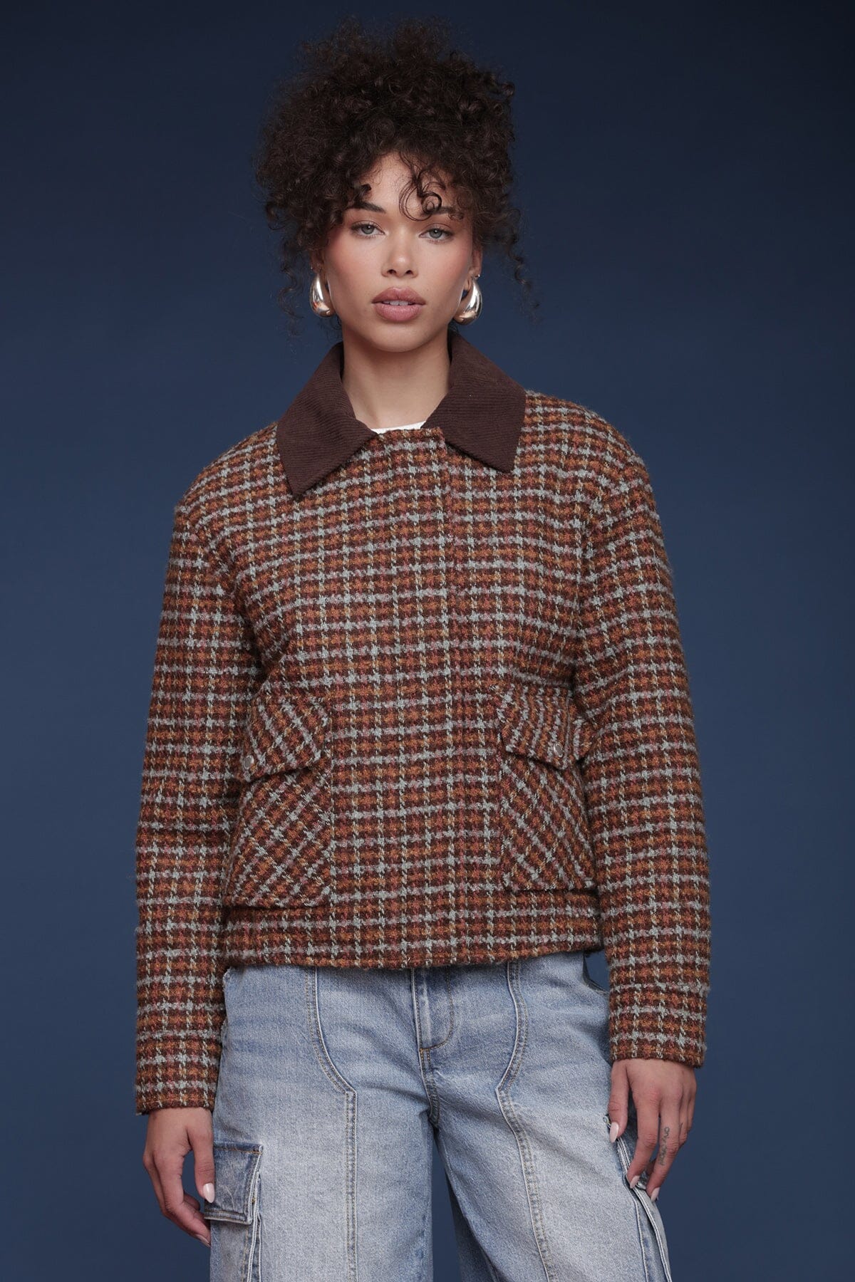 Avec Les Filles Plaid Tweed Bomber Coat