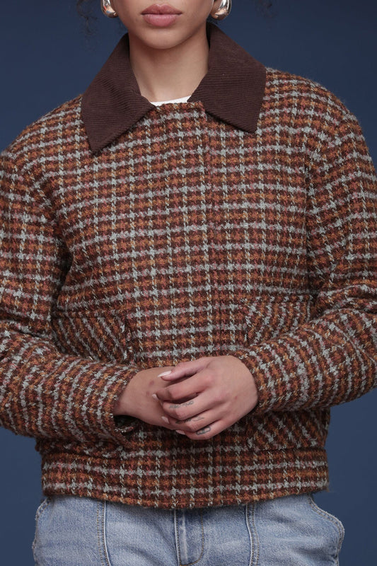 Avec Les Filles Plaid Tweed Bomber Coat