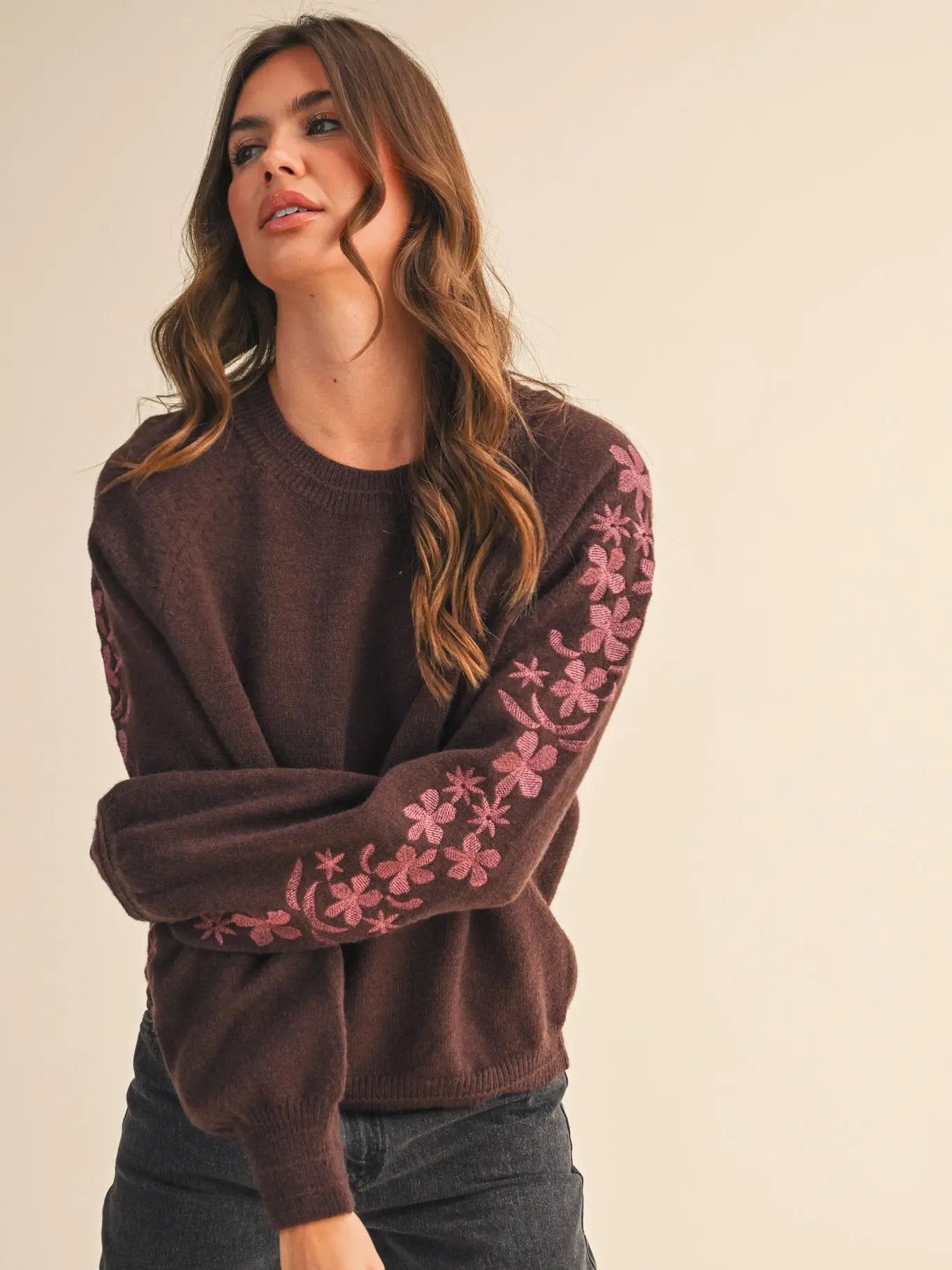 &Merci Pullover Sweater with Floral Embroidered Sleeves