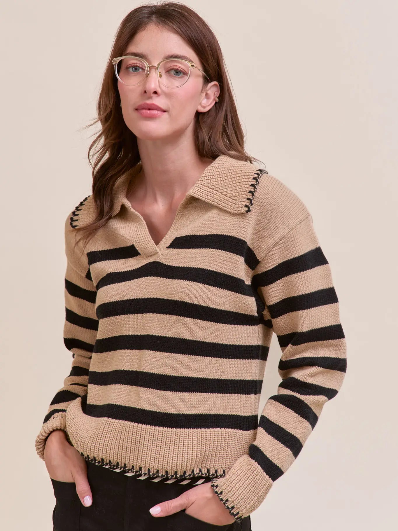 &Merci Striped Collared Sweater with Blanket Stitch