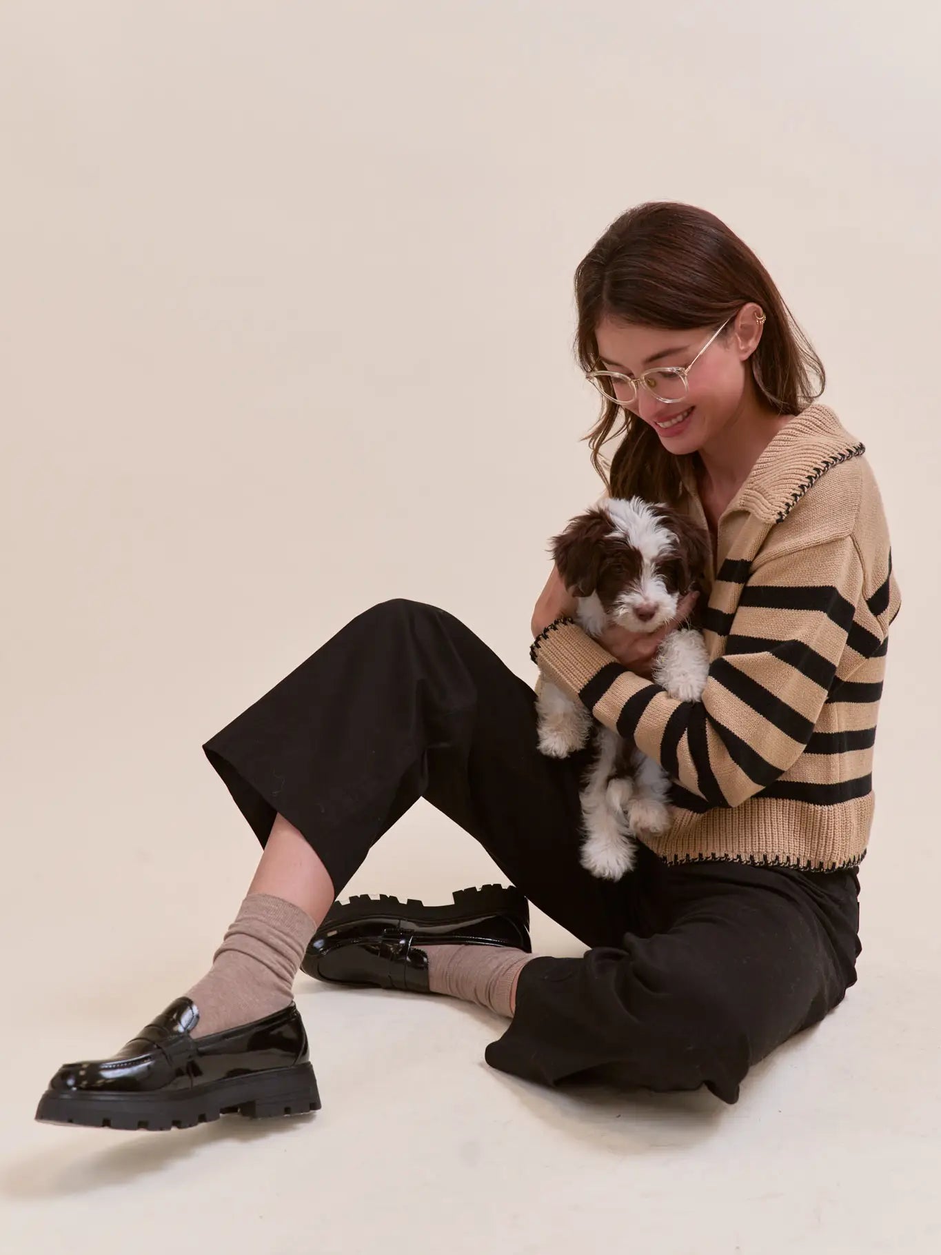 &Merci Striped Collared Sweater with Blanket Stitch