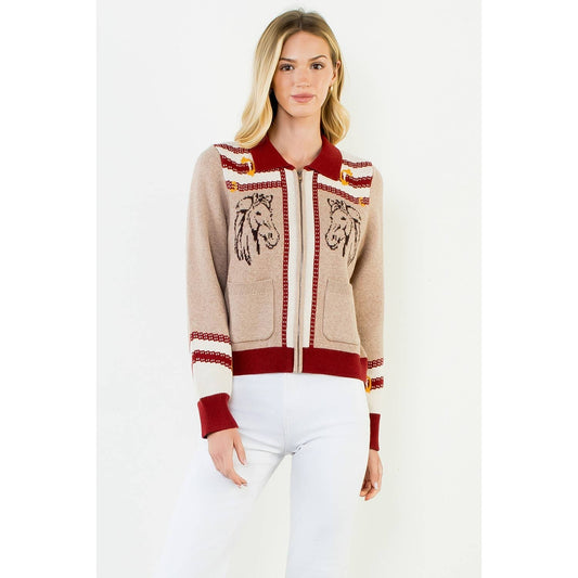 Zipper Front Horse Print Cardigan - Luxe EQ
