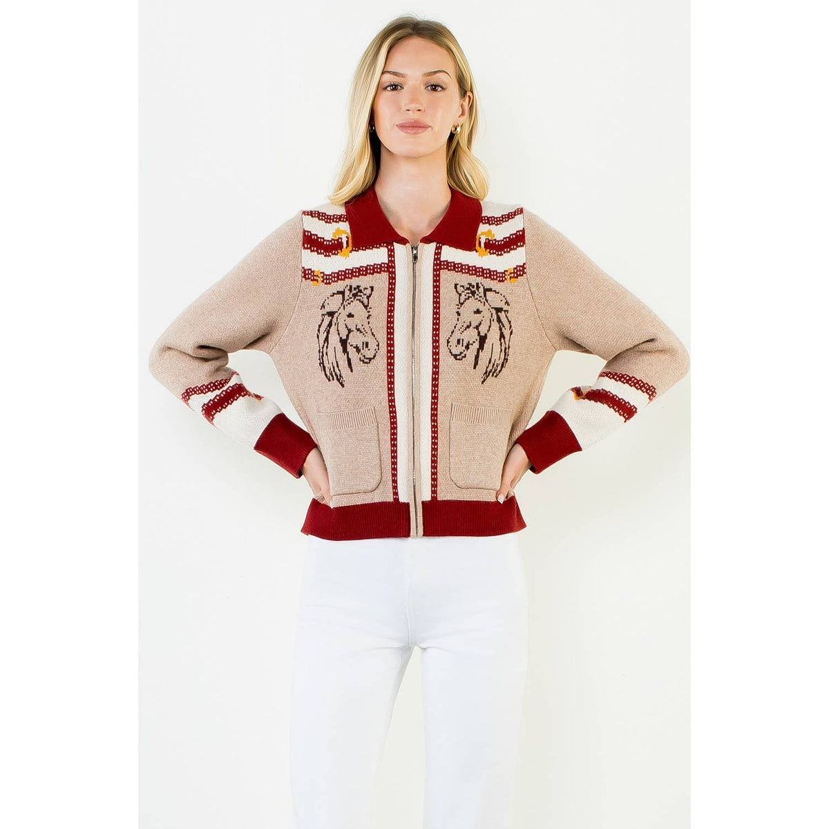 Zipper Front Horse Print Cardigan - Luxe EQ