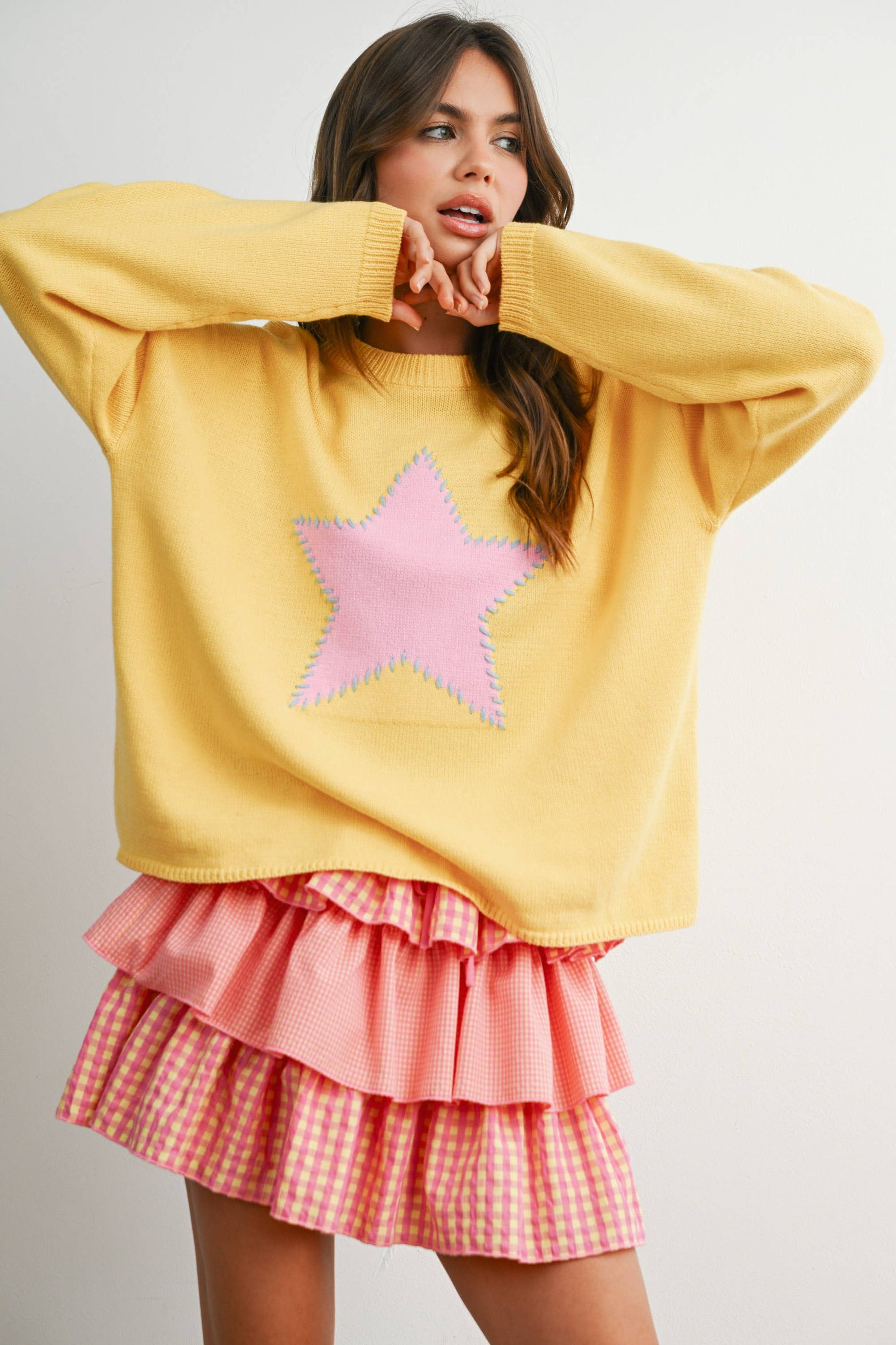 Buttermelon Drop Shoulder Star Pattern Sweater - Luxe EQ