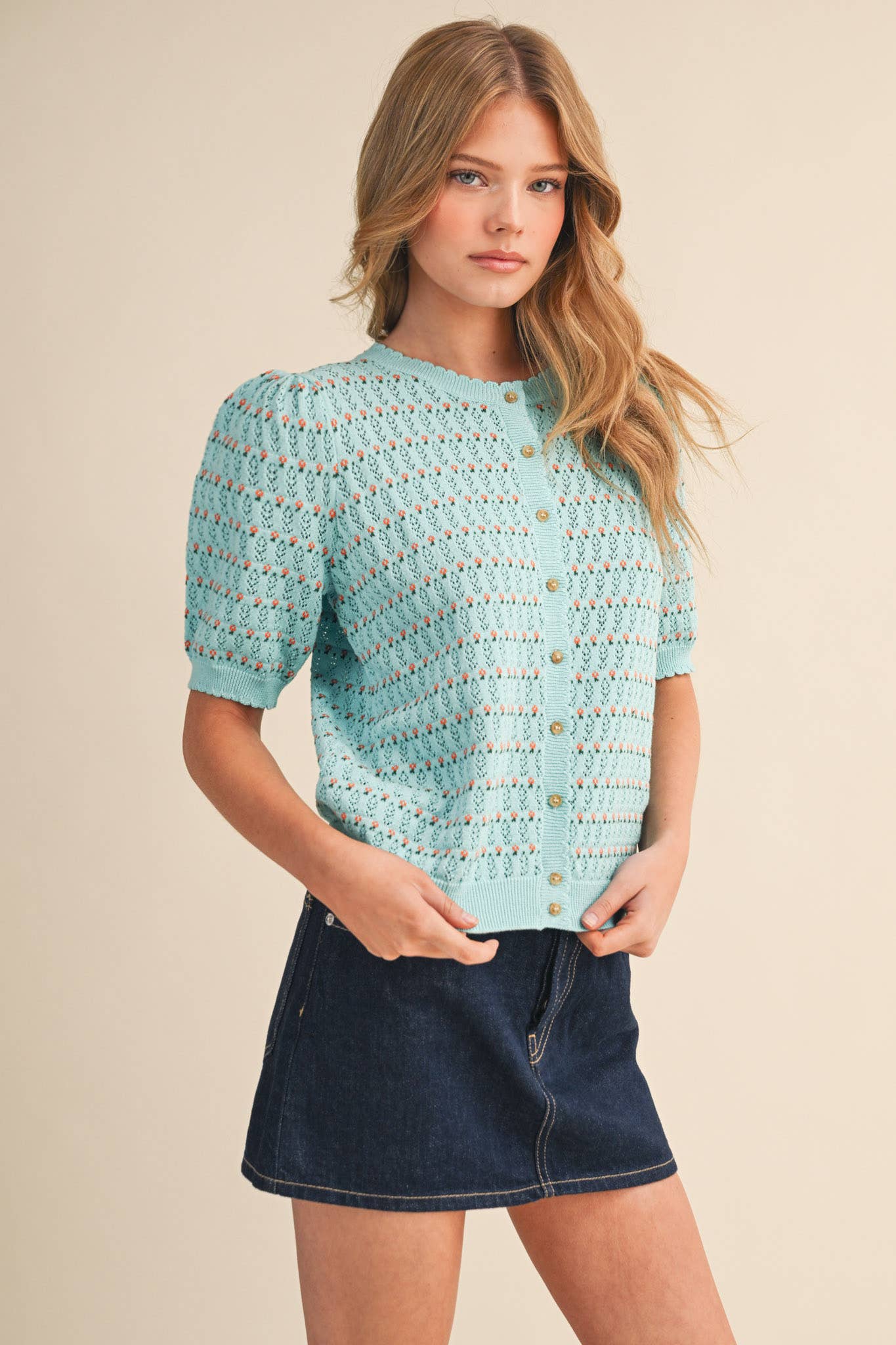 &Merci POINTELLE SHORT PUFF SLEEVE BUTTON DOWN SWEATER MSW11254 - Luxe EQ