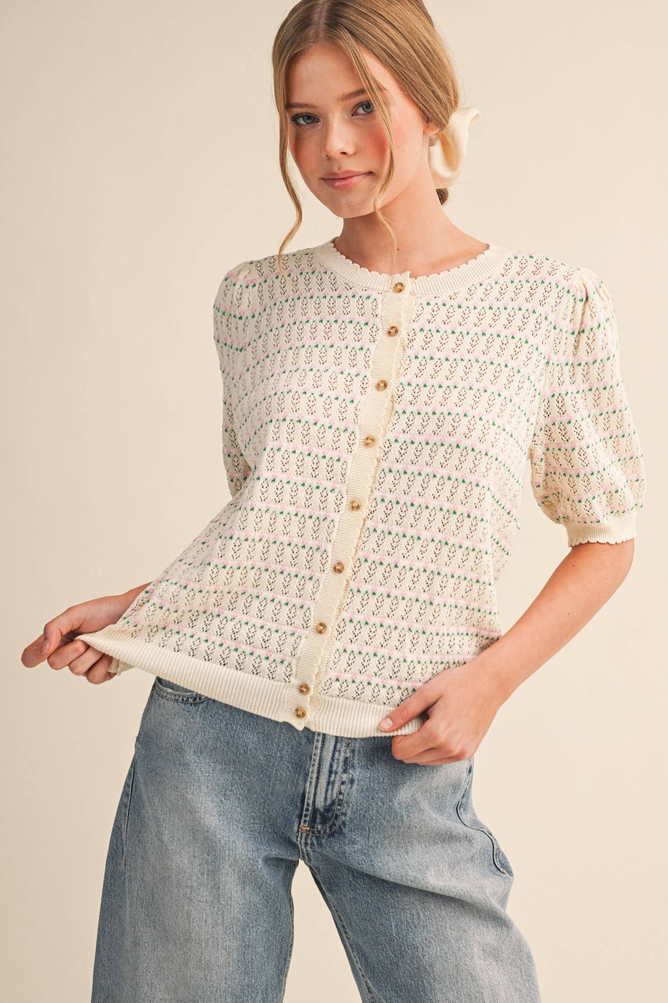 &Merci POINTELLE SHORT PUFF SLEEVE BUTTON DOWN SWEATER MSW11254 - Luxe EQ