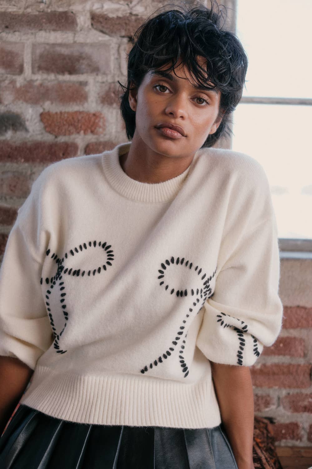 Solid Bow-Embroidered Bubble-Sleeve Sweater
