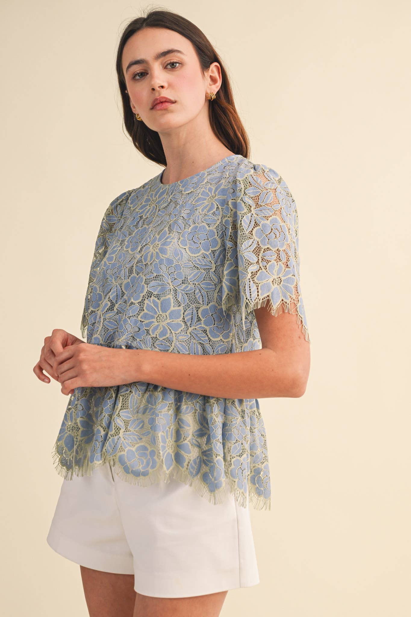 FLORAL LACE PEPLUM TOP MTP4839 - Luxe EQ