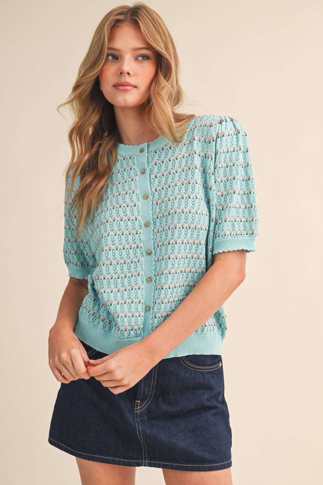 &Merci POINTELLE SHORT PUFF SLEEVE BUTTON DOWN SWEATER MSW11254 - Luxe EQ