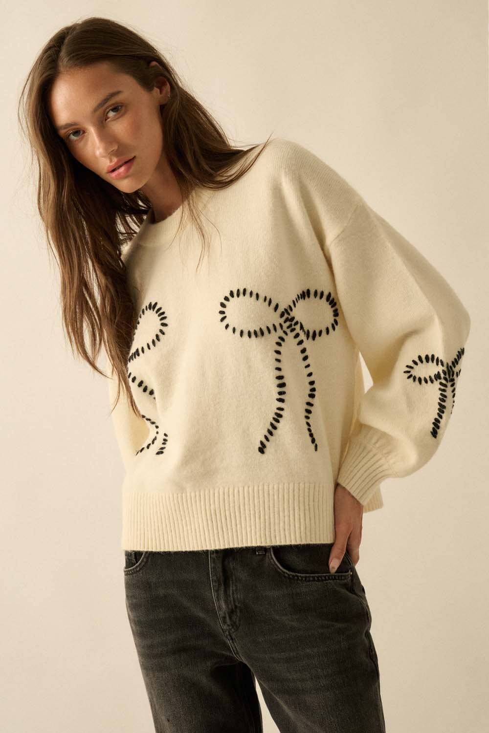 Solid Bow-Embroidered Bubble-Sleeve Sweater