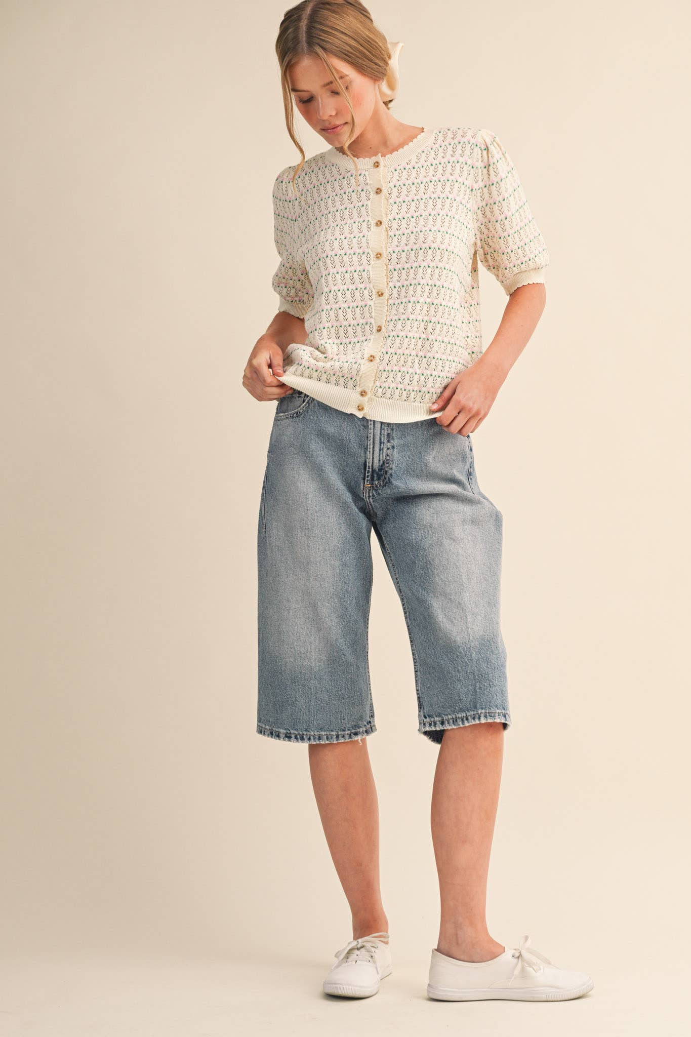 &Merci POINTELLE SHORT PUFF SLEEVE BUTTON DOWN SWEATER MSW11254 - Luxe EQ