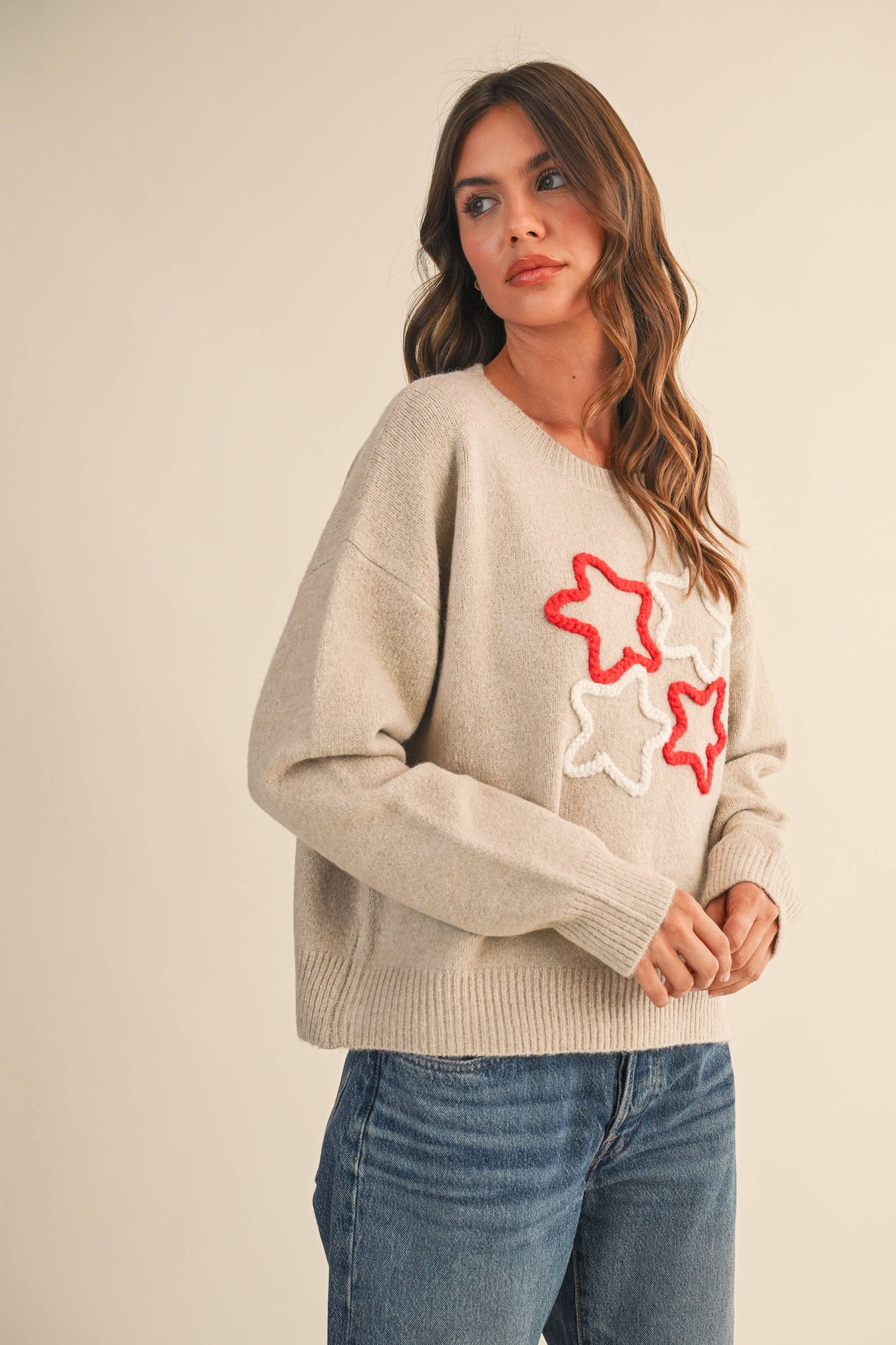 KLESIS STAR EMBROIDERED DETAIL SWEATER TOP